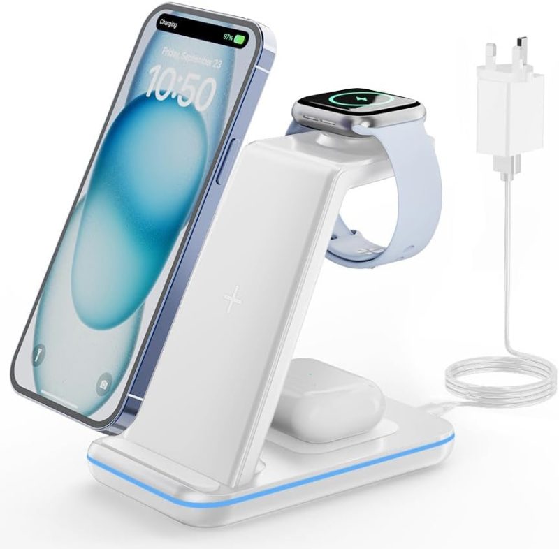 iPhone Wireless Charger 3-in-1 – GEEKERA Fast Charging Stand Dock for iPhone, Apple Watch & AirPods, Case Friendly, Smart Indicator Lights, 18W Adapter Included, White