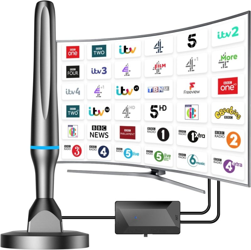 Freeview Indoor TV Aerial 360° Reception Magnetic Base Plug-In HD Antenna for Sm