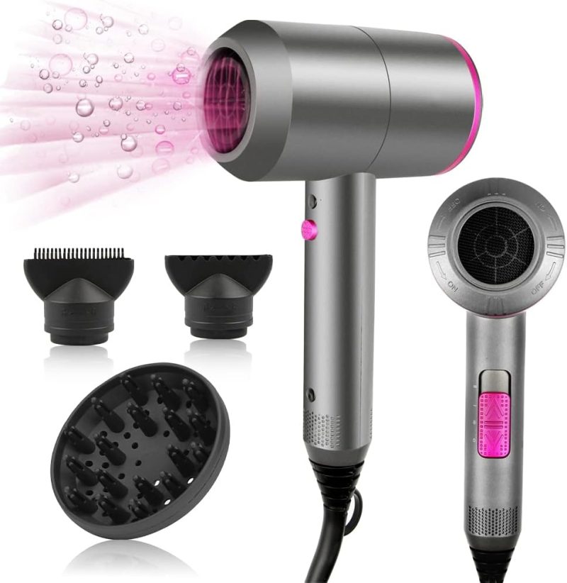 Professional Ionic Hair Dryer – HappyGoo Fast Blow Dryer with 3 Heat & 2 Speed Settings, Cool Shot, Diffuser & Concentrator Nozzles, Salon-Quality for All Hair Types