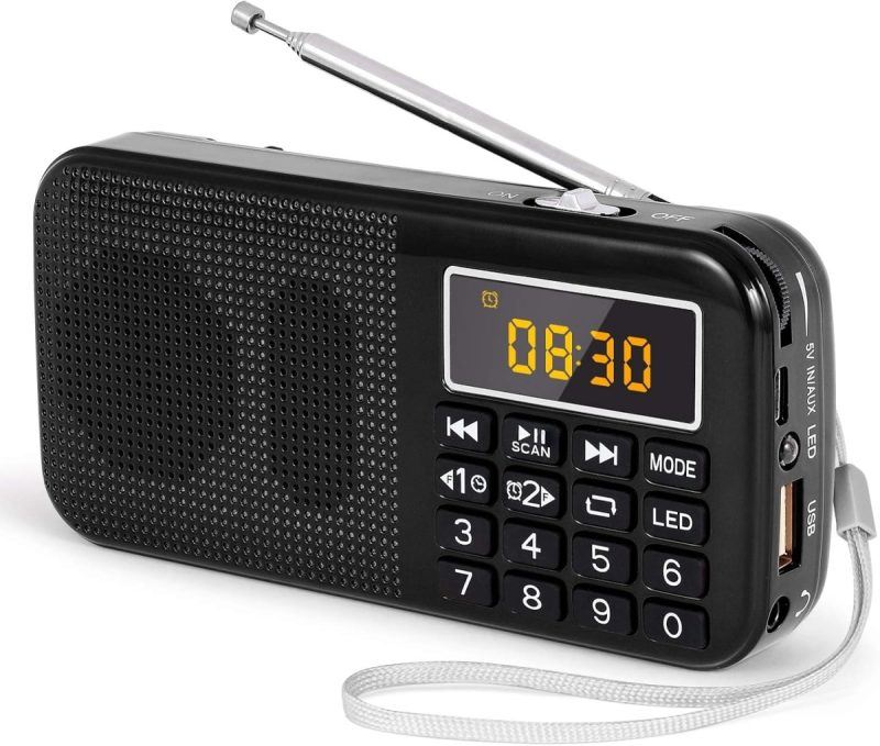 Portable Rechargeable FM Radio – PRUNUS J-725 with 3000mAh Battery, Compact Design, Emergency Flashlight & Mains/Battery Power for Travel, Camping & Outdoor Use