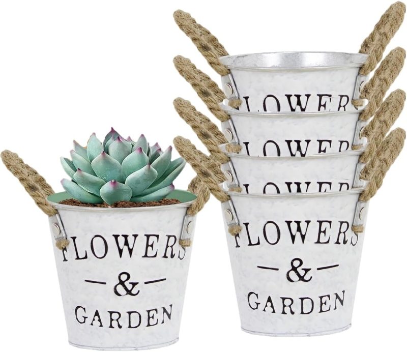 5 x Metal Flower Pot Holder Bucket Planter with Hemp Rope Hanging Garden Wall De