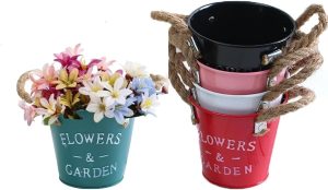 5 x Metal Flower Pot Holder Bucket Planter with Hemp Rope Hanging Garden Wall De