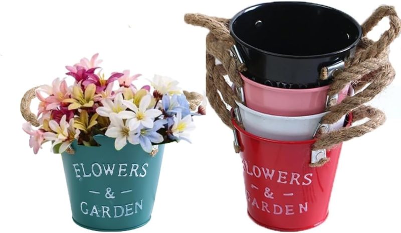 5 x Metal Flower Pot Holder Bucket Planter with Hemp Rope Hanging Garden Wall De