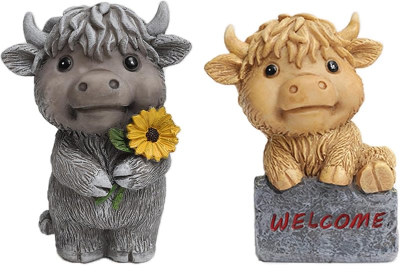 Highland Cow Figurines Set of 2, Hand-Painted Resin for Rustic Decor | 36% Off