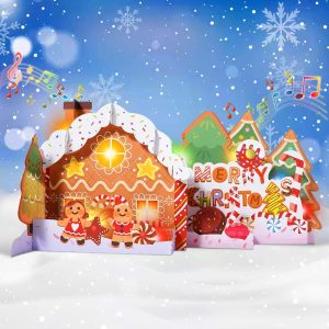 WUJUN 3D Pop Up Christmas Card Musical LED Lights Gingerbread House
