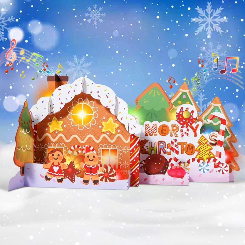 WUJUN 3D Pop Up Christmas Card Musical LED Lights Gingerbread House