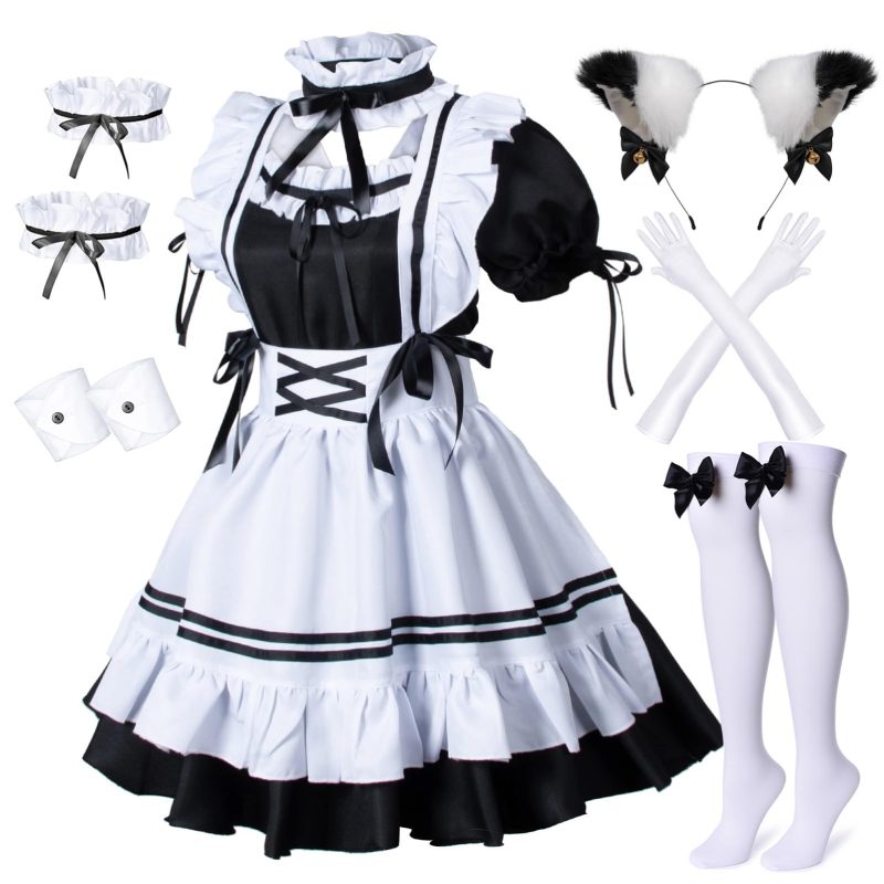 713-4kMdBCL Anime French Maid Costume Set Size Small with Cat Ear Gloves Socks (Used)