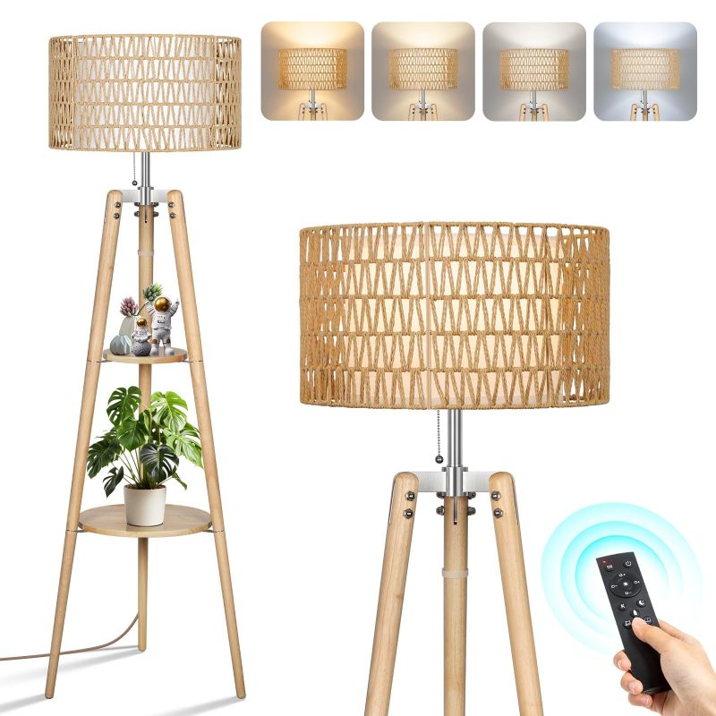 Wooden Tripod Floor Lamp Rattan Dimmable Remote 4 Colour Temp