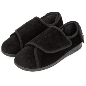 HomeTop Mens Wide Fit Slippers Size 11 Memory Foam Adjustable Velcro Strap Black - Image 1