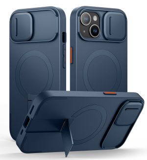SURITCH iPhone 15 Magnetic Case Slide Camera Cover Kickstand Shockproof Blue SUR