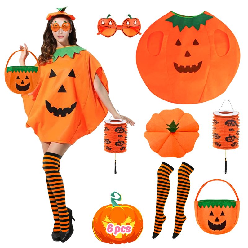 81cpMQgw-L Halloween Pumpkin Costume Adults Women Fancy Dress Set Socks Glasses