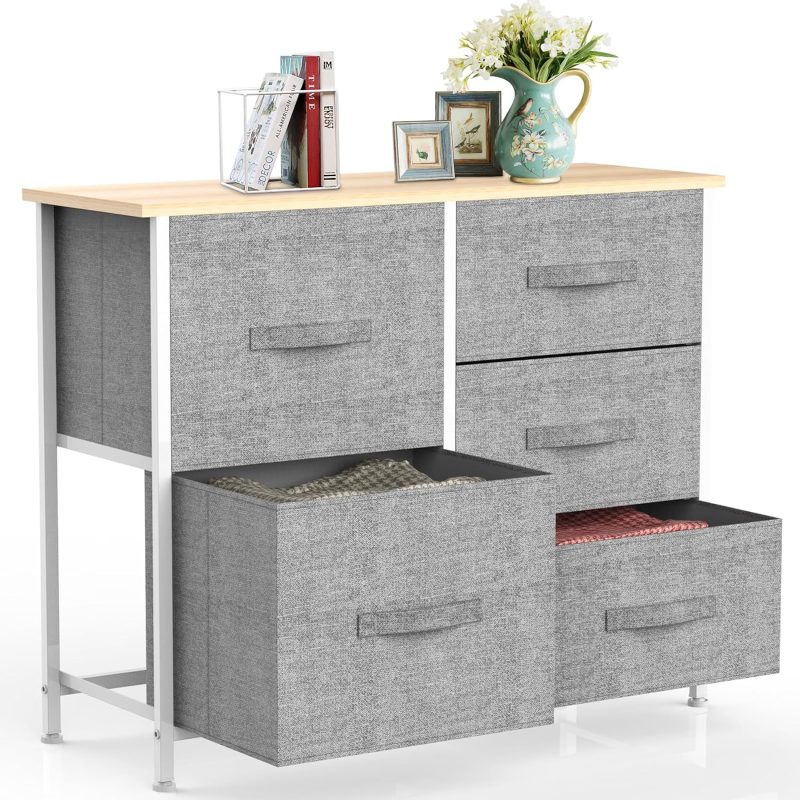 5 Drawer Fabric Chest of Drawers Storage Unit Large Capacity Sturdy