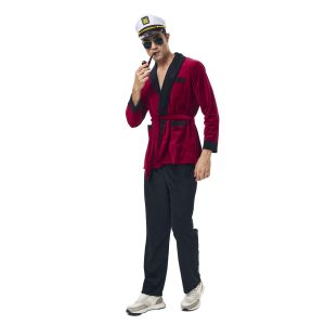 Mens Red Velvet Smoking Robe & Pants Captain Hat Pipe Sunglasses Costume Mens