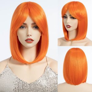 Orange Bob Wig with Fringe Heat Resistant Synthetic Short Cosplay Hair