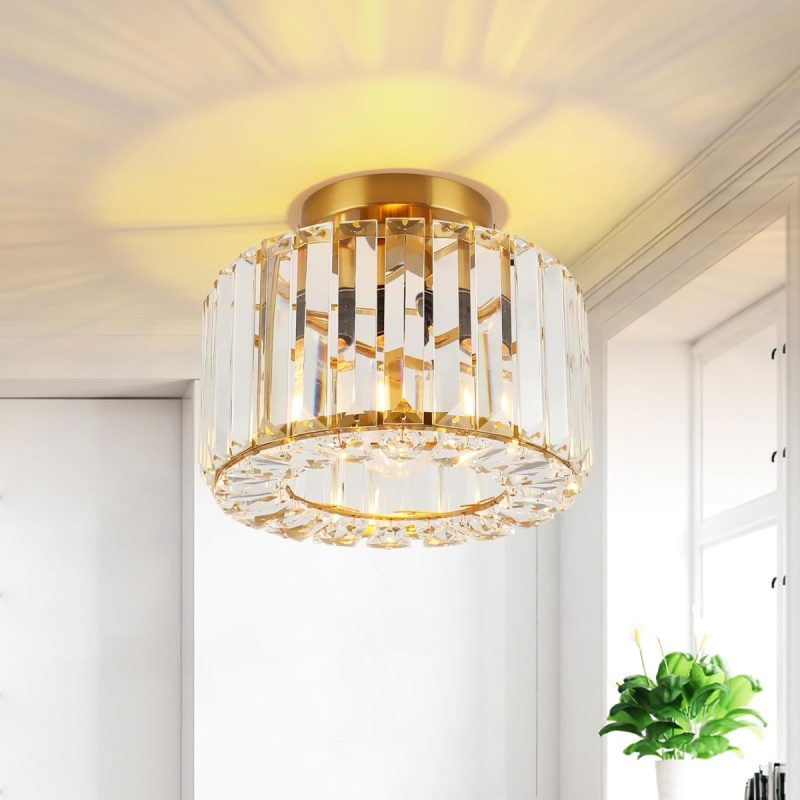 ‎FORCOSO Semi Flush K9 Crystal Ceiling Light Gold Metal Shade E27