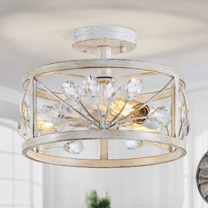 3-Light Crystal Leaf Semi Flush Ceiling Light Farmhouse Chandelier Antique White