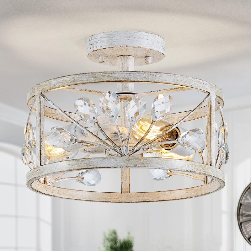 81j5T8f-o-L 3-Light Crystal Leaf Semi Flush Ceiling Light Farmhouse Chandelier Antique White