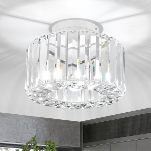 Crystal Semi Flush Ceiling Light Black Metal Shade E27 Modern Chandelier