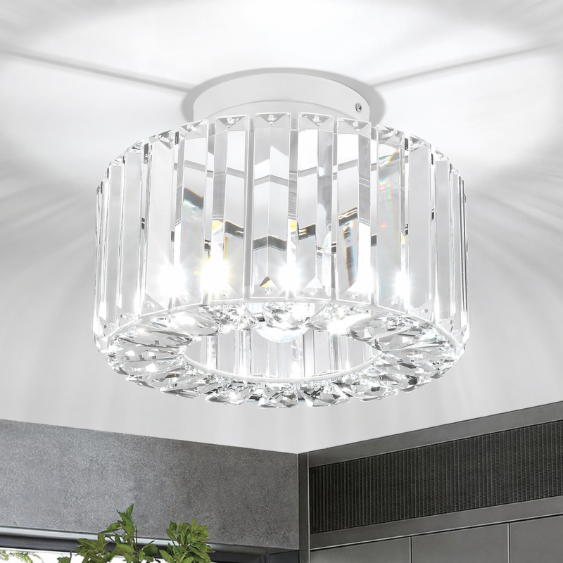 Crystal Semi Flush Ceiling Light Black Metal Shade E27 Modern Chandelier