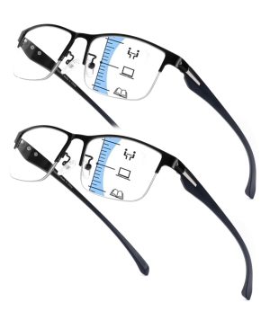 2 Pack Progressive Reading Glasses +1.50 Blue Light Metal Half Frame TR90 Men