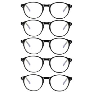 +1.00 Reading Glasses 5 Pack Blue Light Blocking Spring Hinges Round Black