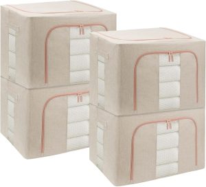 Luxury Linen Clothes Storage Bins 4 Pack Foldable Front Opening Zip Metal Frame