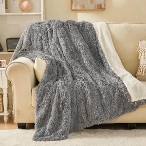 Luxury Faux Fur Throw Blanket 130x150cm Light Grey Sherpa Fleece Soft Warm Luxur