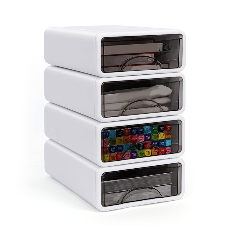 Desk Organiser 4 Tier 4 Drawer Stackable Plastic Office Storage Box White Desk