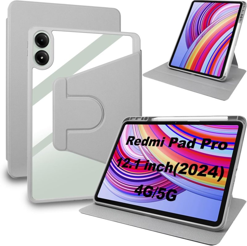 Xiaomi Redmi Pad Pro Poco Pad Case Rotating Stand Pen Slot PU Leather Gray Xiaom