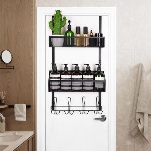 Over Door Hooks Rack Organiser 15 Hook Storage Basket Towel Coat Black