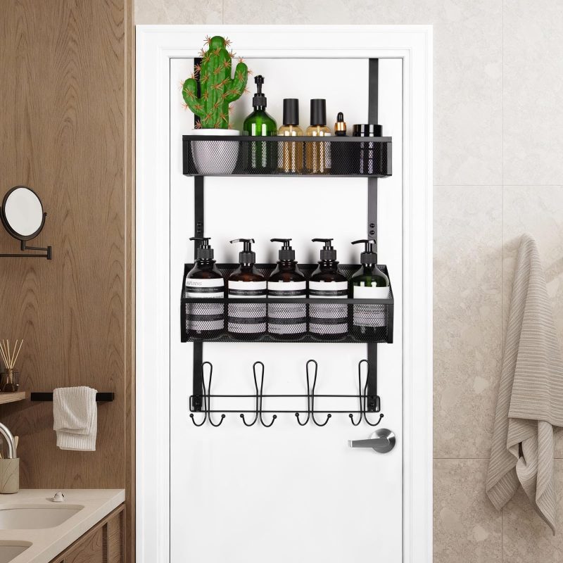 Over Door Hooks Rack Organiser 15 Hook Storage Basket Towel Coat Black