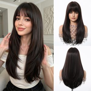 Long Straight Dark Brown Wig With Fringe Womens Synthetic Heat Resistant Hair Lo