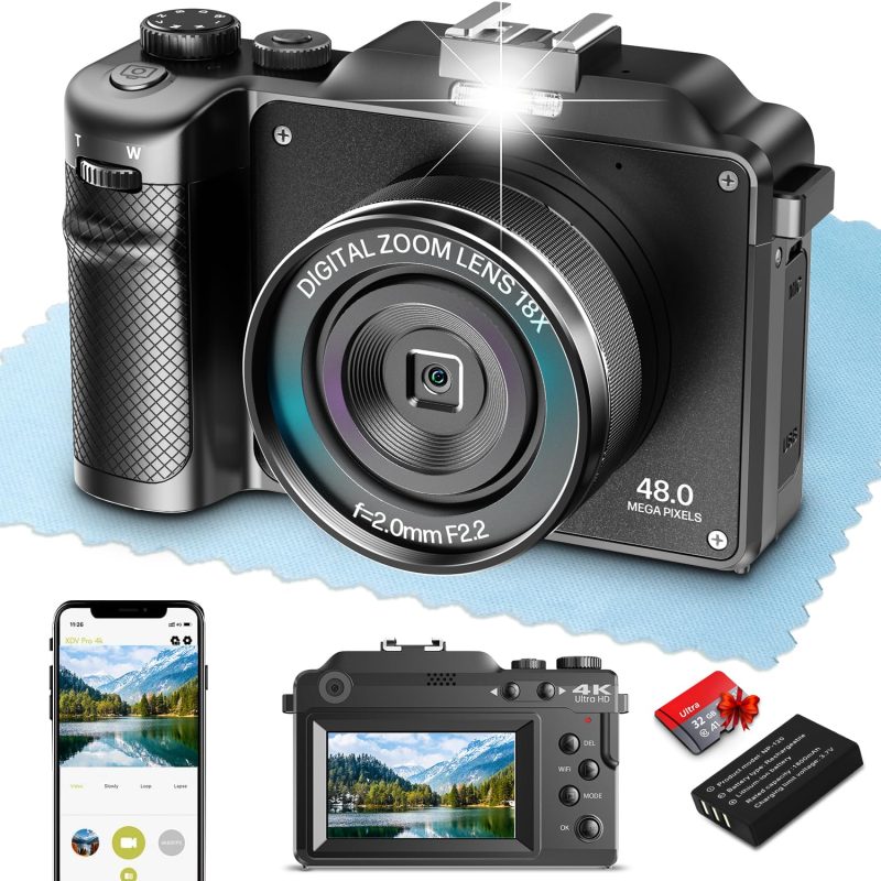 4K Digital Camera 48MP Autofocus Vlogging Camera Selfie WiFi 16X Zoom 4K