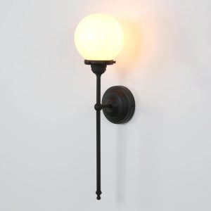 JIMUBEAM Industrial Wall Light White Glass Globe Shade E27 Black Arm