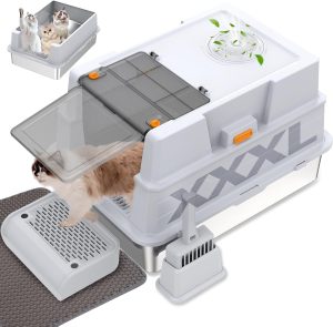 GOYJOY XXXL Enclosed Cat Litter Box Light Grey Large Covered Tray With Mat - Image 1