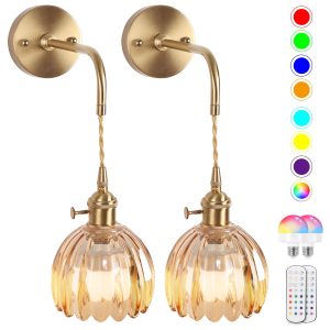 2 Pack Battery Wall Lights Amber Glass Rechargeable Dimmable Remote EIDEARAY
