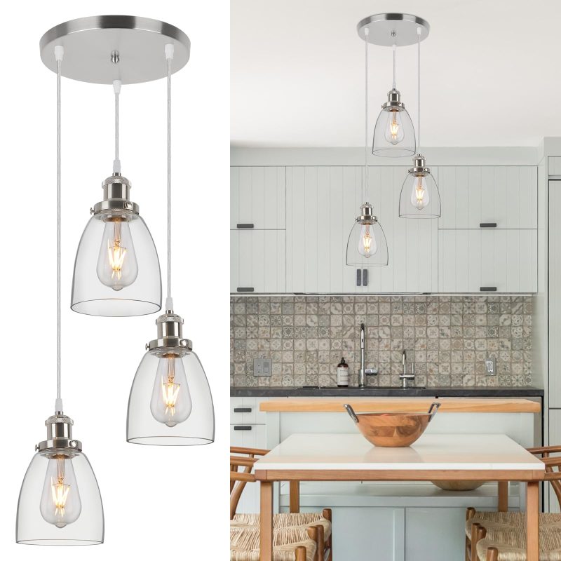 FORCOSO 3-Light Industrial Glass Pendant Light Fitting E27 Kitchen Island Dining