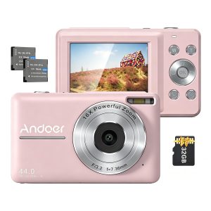 Andoer Digital Camera 44MP 1080P 32GB Card 16X Zoom 2 Batteries