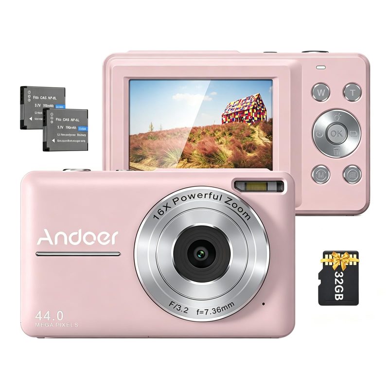 71wPE0JagjL Andoer Digital Camera 44MP 1080P 32GB Card 16X Zoom 2 Batteries