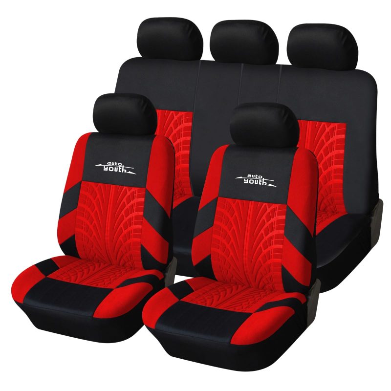 AUTOYOUTH 9PCS Universal Car Seat Covers Full Set Red Tyre Print Protectors AUTO