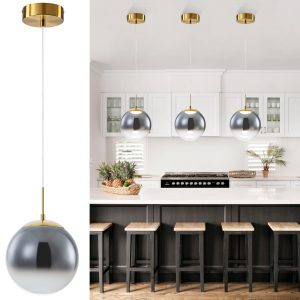 FORCOSO LED Pendant Ceiling Light Smoky Grey Glass Globe Gold Kitchen Lamp 20cm