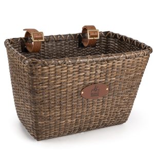 Bicycle Basket - Retro Design, Robust Bicycle Handlebar Basket with Wooden Base & Leather Carrier, Ideal as a Front Bicycle Basket