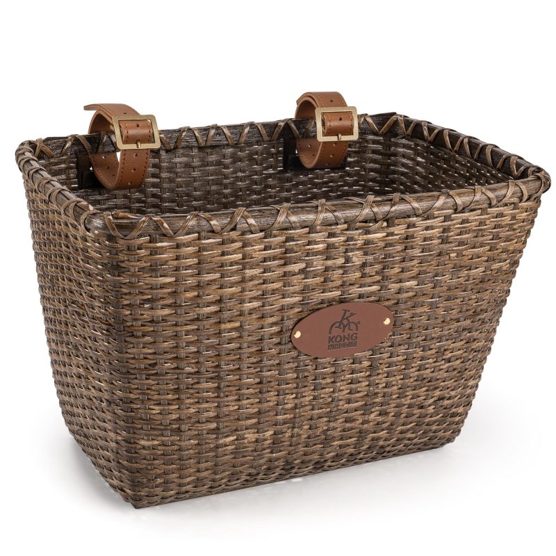 91UeWs9wDEL Bicycle Basket - Retro Design, Robust Bicycle Handlebar Basket with Wooden Base & Leather Carrier, Ideal as a Front Bicycle Basket
